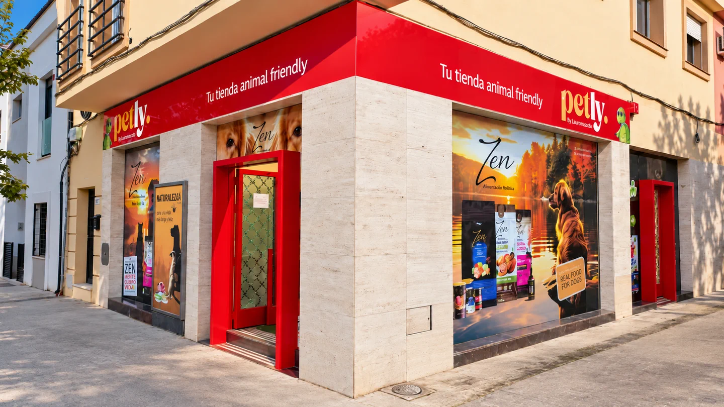 Fachada de Petly Campanillas con sus puertas rojas